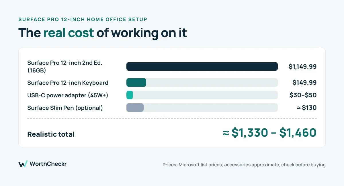 Surface Pro 12-inch home office setup real cost breakdown, about $1,330 to $1,460